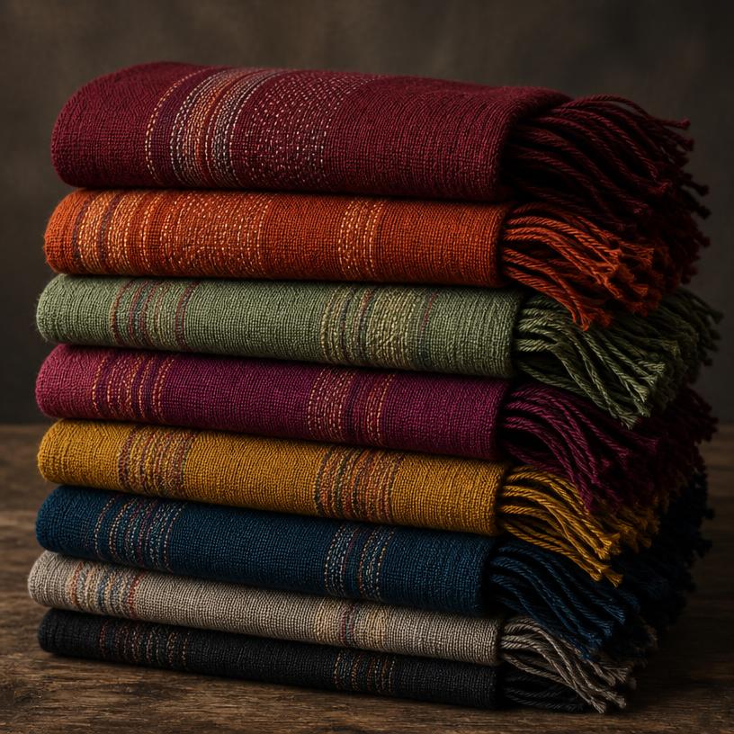 Stack of hand-woven Oaxacan rebozo textiles